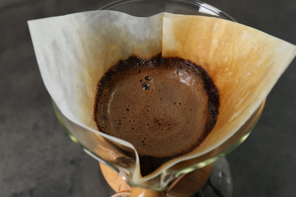 closeup of pour-over filter with bloom