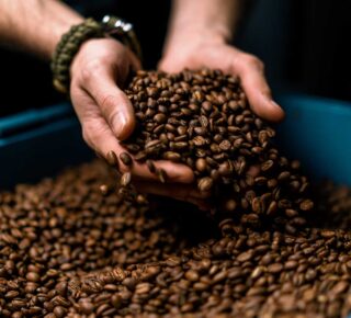 hands holding roasted coffee in barrel